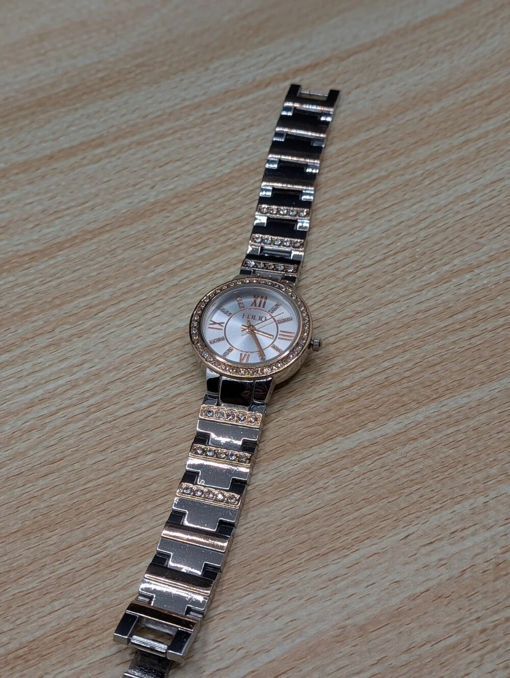 Folio Two-Tone Glitz Crystal Accent Silver and Rose Gold Watch